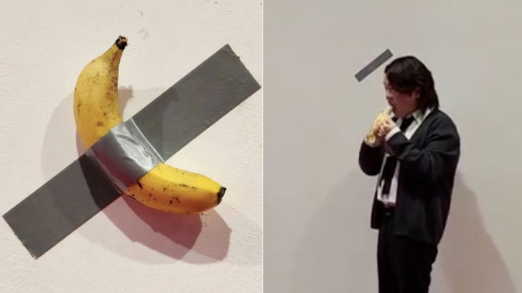 A hungry student eats a banana that is on display in a museum, saying, 